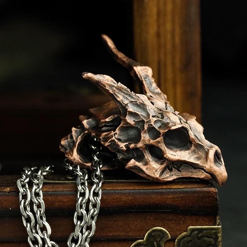 Handmade 925 Sterling Silver Dragon Skull Pendant Necklace, Vintage Brass Gothic Mythical Animal Amulet, Punk Biker Jewelry
