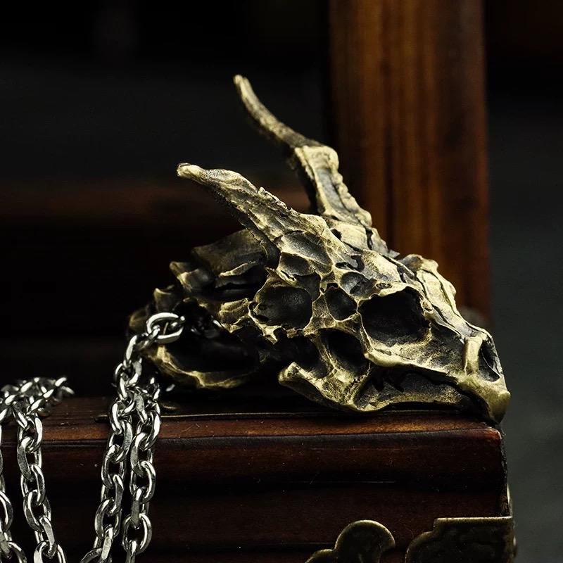 Handmade 925 Sterling Silver Dragon Skull Pendant Necklace, Vintage Brass Gothic Mythical Animal Amulet, Punk Biker Jewelry