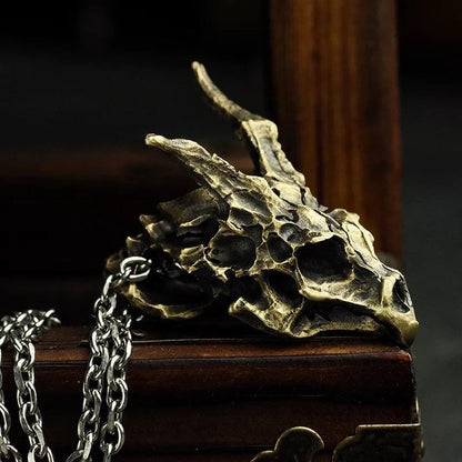 Handmade 925 Sterling Silver Dragon Skull Pendant Necklace, Vintage Brass Gothic Mythical Animal Amulet, Punk Biker Jewelry
