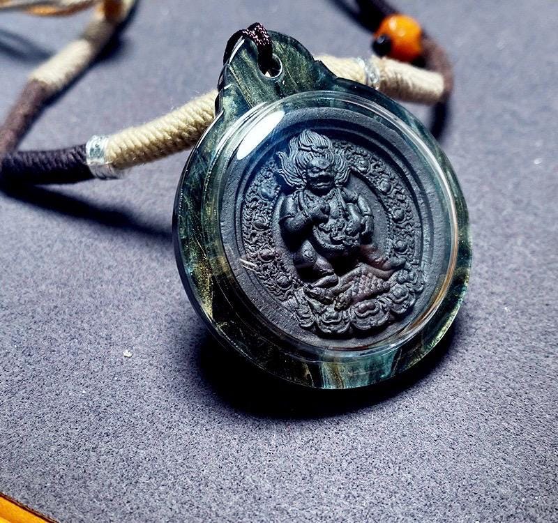 Black Jambhala Medicine Tsa Tsa Amulet Pendant, Tibetan Buddhist Gawu Box Necklace, Tantric Protection Jewelry for Wealth & Healing, Zen Gif