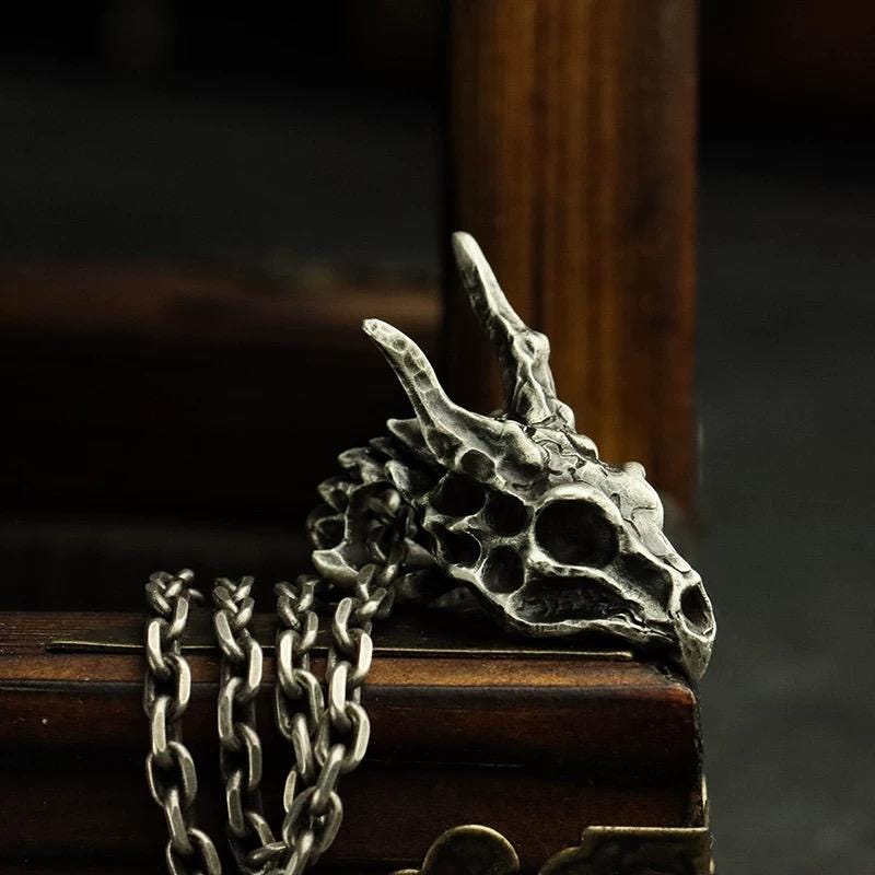 Handmade 925 Sterling Silver Dragon Skull Pendant Necklace, Vintage Brass Gothic Mythical Animal Amulet, Punk Biker Jewelry