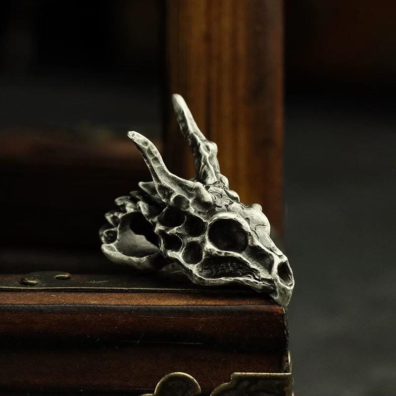 Handmade 925 Sterling Silver Dragon Skull Pendant Necklace, Vintage Brass Gothic Mythical Animal Amulet, Punk Biker Jewelry