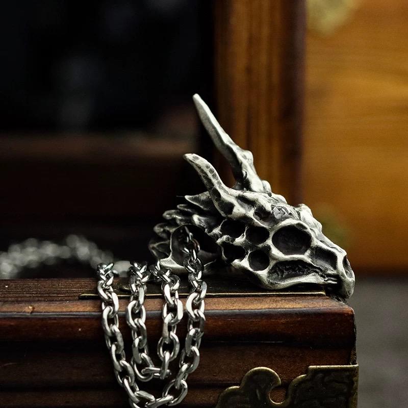 Handmade 925 Sterling Silver Dragon Skull Pendant Necklace, Vintage Brass Gothic Mythical Animal Amulet, Punk Biker Jewelry
