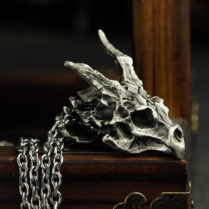 Handmade 925 Sterling Silver Dragon Skull Pendant Necklace, Vintage Brass Gothic Mythical Animal Amulet, Punk Biker Jewelry