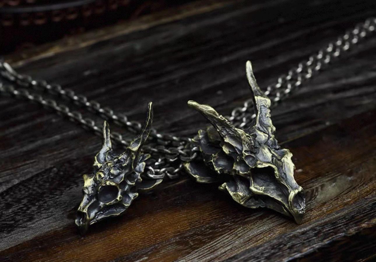 Handmade 925 Sterling Silver Dragon Skull Pendant Necklace, Vintage Brass Gothic Mythical Animal Amulet, Punk Biker Jewelry