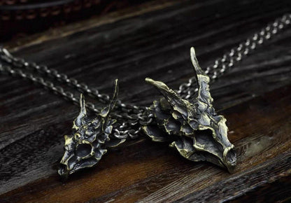 Handmade 925 Sterling Silver Dragon Skull Pendant Necklace, Vintage Brass Gothic Mythical Animal Amulet, Punk Biker Jewelry