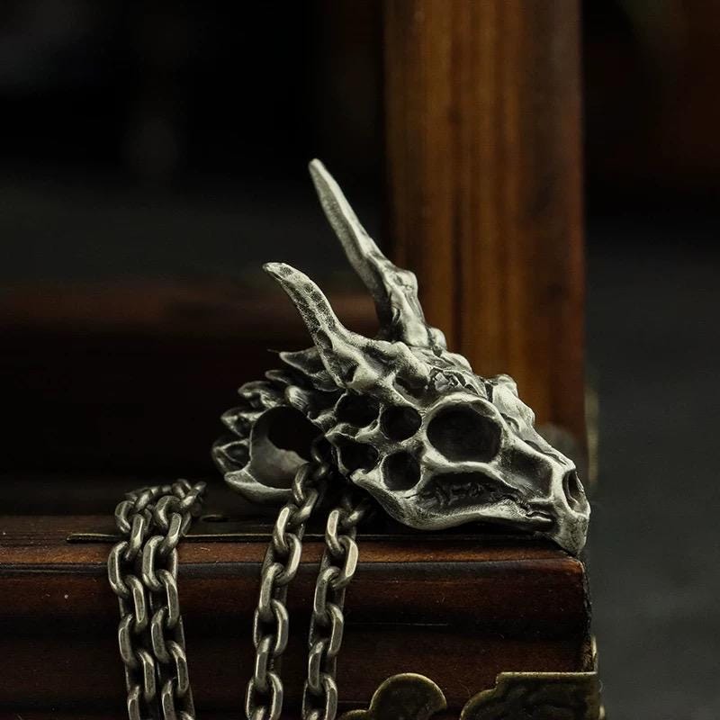 Handmade 925 Sterling Silver Dragon Skull Pendant Necklace, Vintage Brass Gothic Mythical Animal Amulet, Punk Biker Jewelry