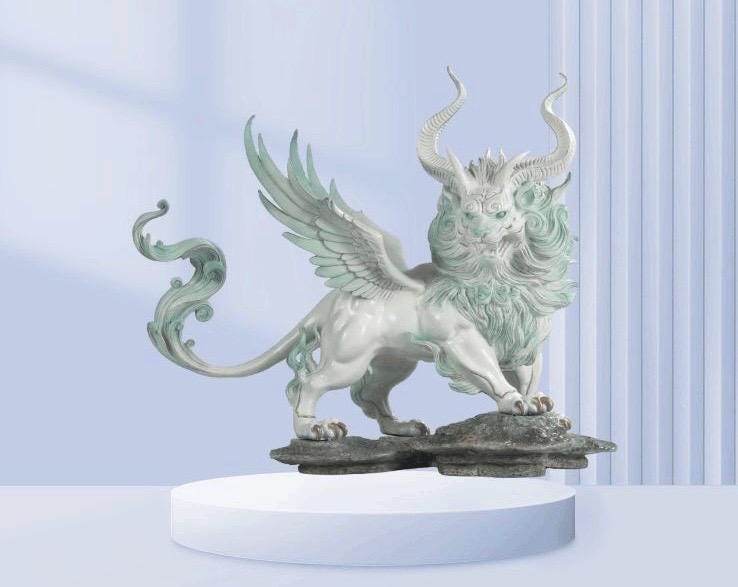 Mythical Bai Ze Statue - Shanhaijing Spirit Beast Decor, White Guardian Lion Figurine for Living Room, Office, Housewarming & Opening Gift