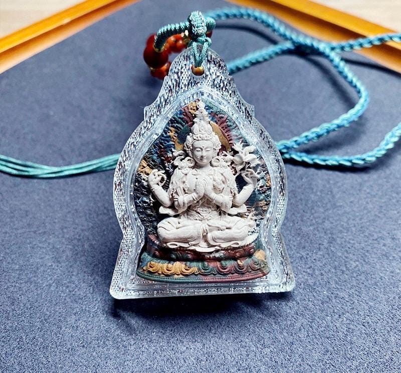 Four-Arm Guanyin Multi-Color Tsa Tsa Pendant Tibetan Gauri Box Necklace Buddhist Amulet Thangka Art Jewelry Spiritual Gift for Protection