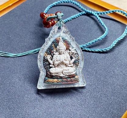 Four-Arm Guanyin Multi-Color Tsa Tsa Pendant Tibetan Gauri Box Necklace Buddhist Amulet Thangka Art Jewelry Spiritual Gift for Protection