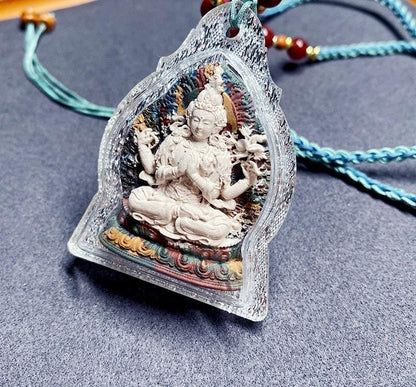 Four-Arm Guanyin Multi-Color Tsa Tsa Pendant Tibetan Gauri Box Necklace Buddhist Amulet Thangka Art Jewelry Spiritual Gift for Protection