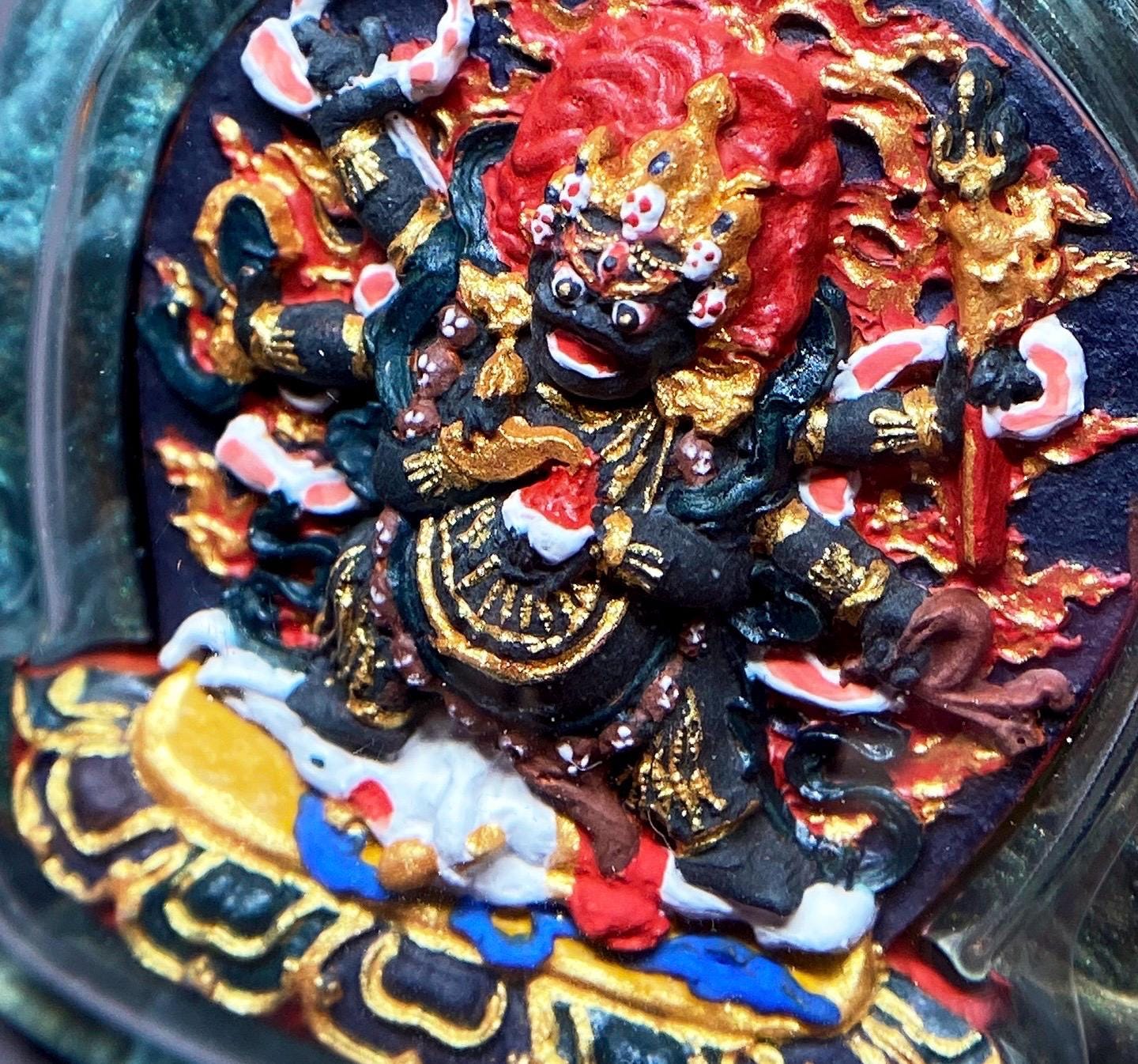 Hand-Painted Mahakala Tsa Tsa Necklace Pendant Mineral Pigment Tibetan Thangka Art Buddhist Amulet Small Six-Armed Mahakala Spiritual Gift