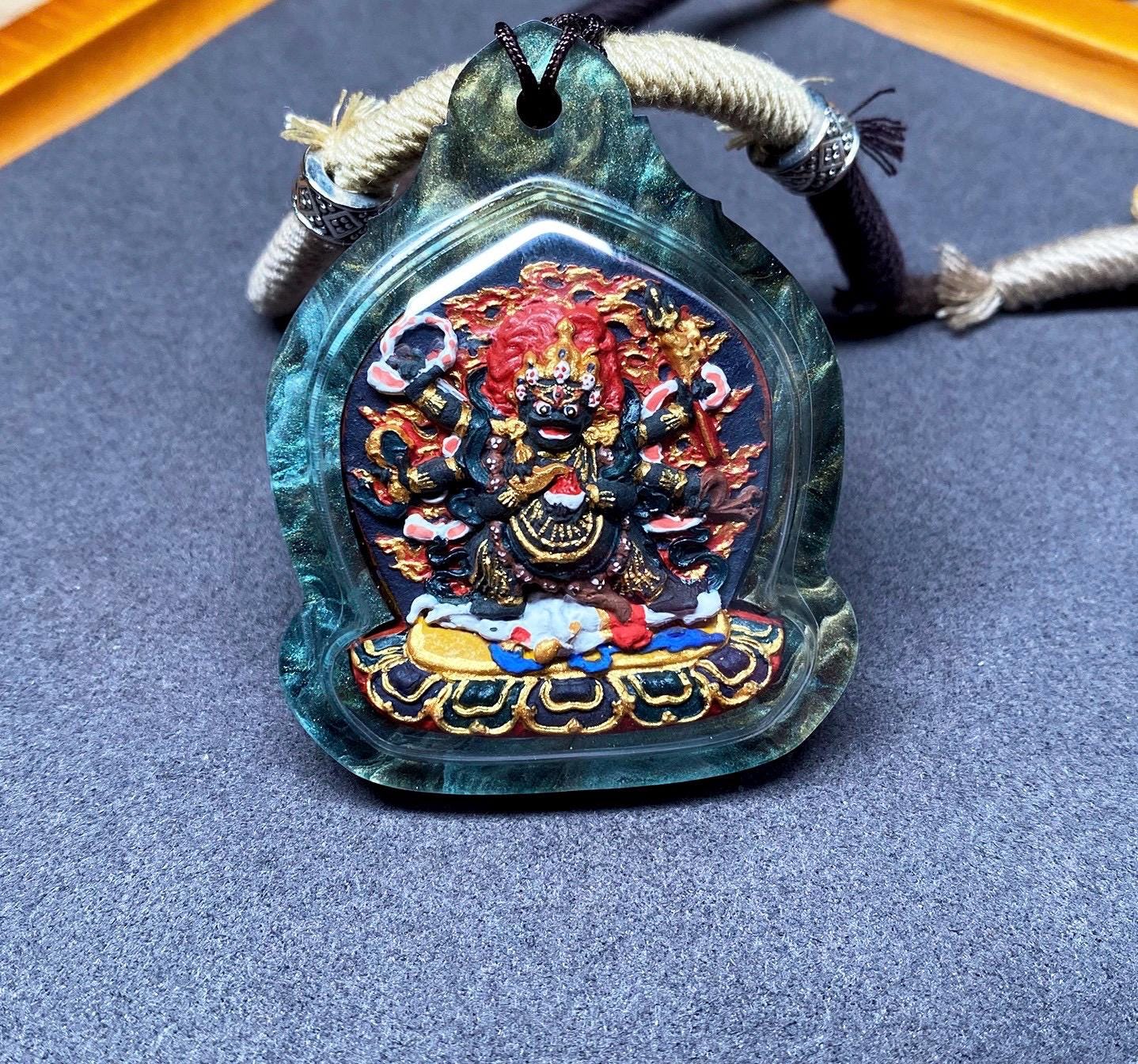 Hand-Painted Mahakala Tsa Tsa Necklace Pendant Mineral Pigment Tibetan Thangka Art Buddhist Amulet Small Six-Armed Mahakala Spiritual Gift