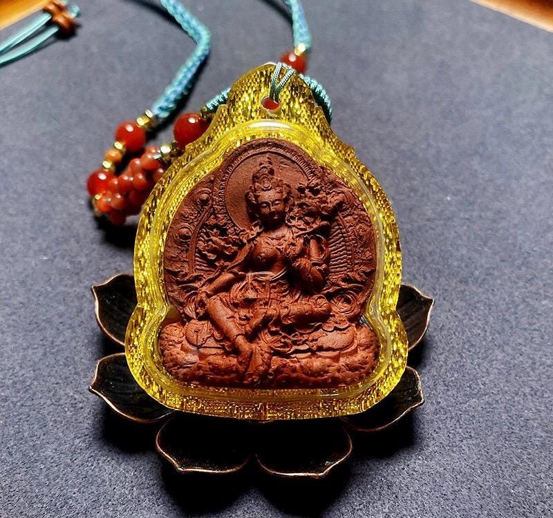 Handmade Green Tara Tsa Tsa Pendant, Tibetan Gau Box Necklace, Buddhist Amulet, Himalayan Sacred Art, Spiritual Jewelry, Meditation Gift
