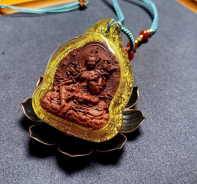 Handmade Green Tara Tsa Tsa Pendant, Tibetan Gau Box Necklace, Buddhist Amulet, Himalayan Sacred Art, Spiritual Jewelry, Meditation Gift
