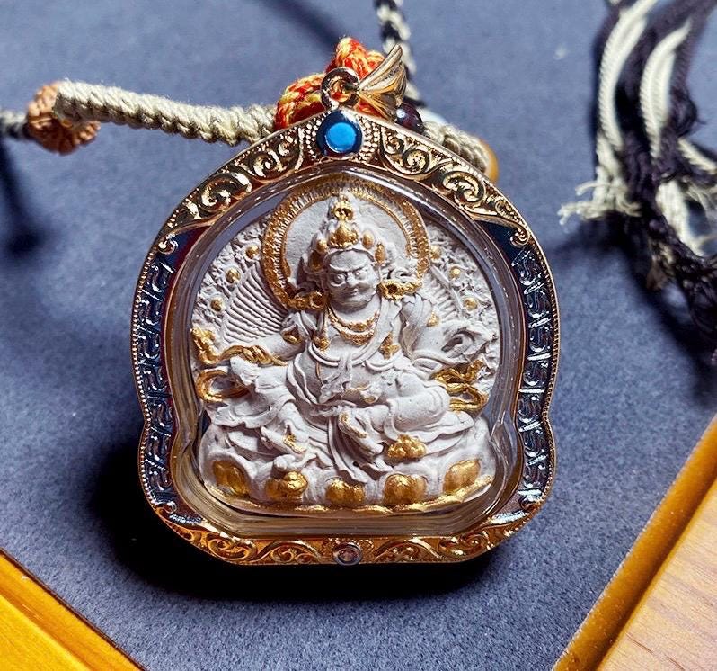 Handpainted Yellow Jambhala Medicine Budda Thangka Necklace, Tsatsa Gau Box Pendant with Incense Ash, Tibetan Buddhist Jewelry, Gift for Him