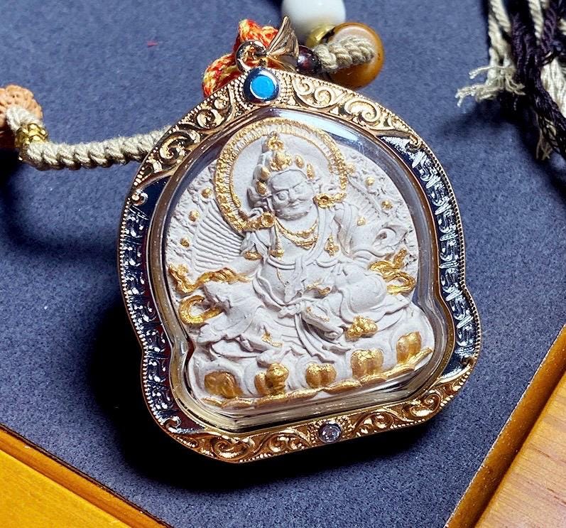 Handpainted Yellow Jambhala Medicine Budda Thangka Necklace, Tsatsa Gau Box Pendant with Incense Ash, Tibetan Buddhist Jewelry, Gift for Him
