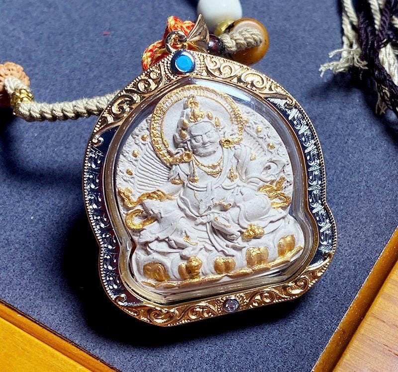 Handpainted Yellow Jambhala Medicine Budda Thangka Necklace, Tsatsa Gau Box Pendant with Incense Ash, Tibetan Buddhist Jewelry, Gift for Him