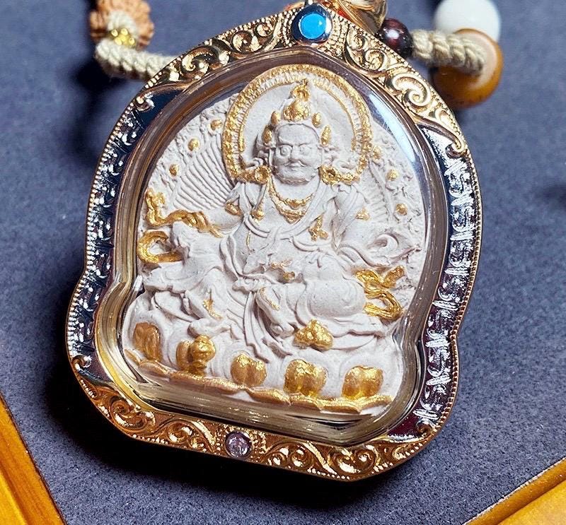 Handpainted Yellow Jambhala Medicine Budda Thangka Necklace, Tsatsa Gau Box Pendant with Incense Ash, Tibetan Buddhist Jewelry, Gift for Him