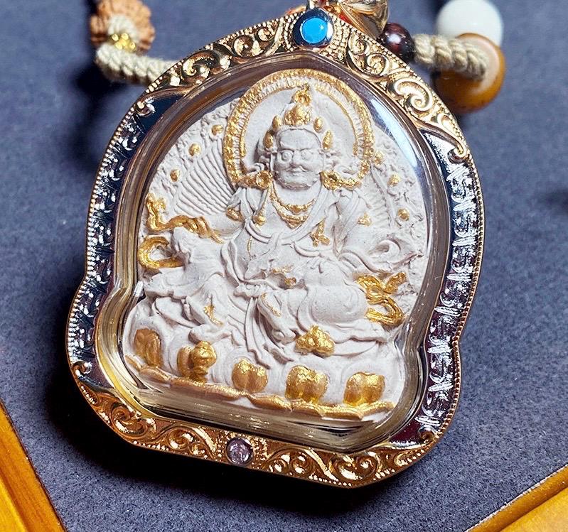 Handpainted Yellow Jambhala Medicine Budda Thangka Necklace, Tsatsa Gau Box Pendant with Incense Ash, Tibetan Buddhist Jewelry, Gift for Him