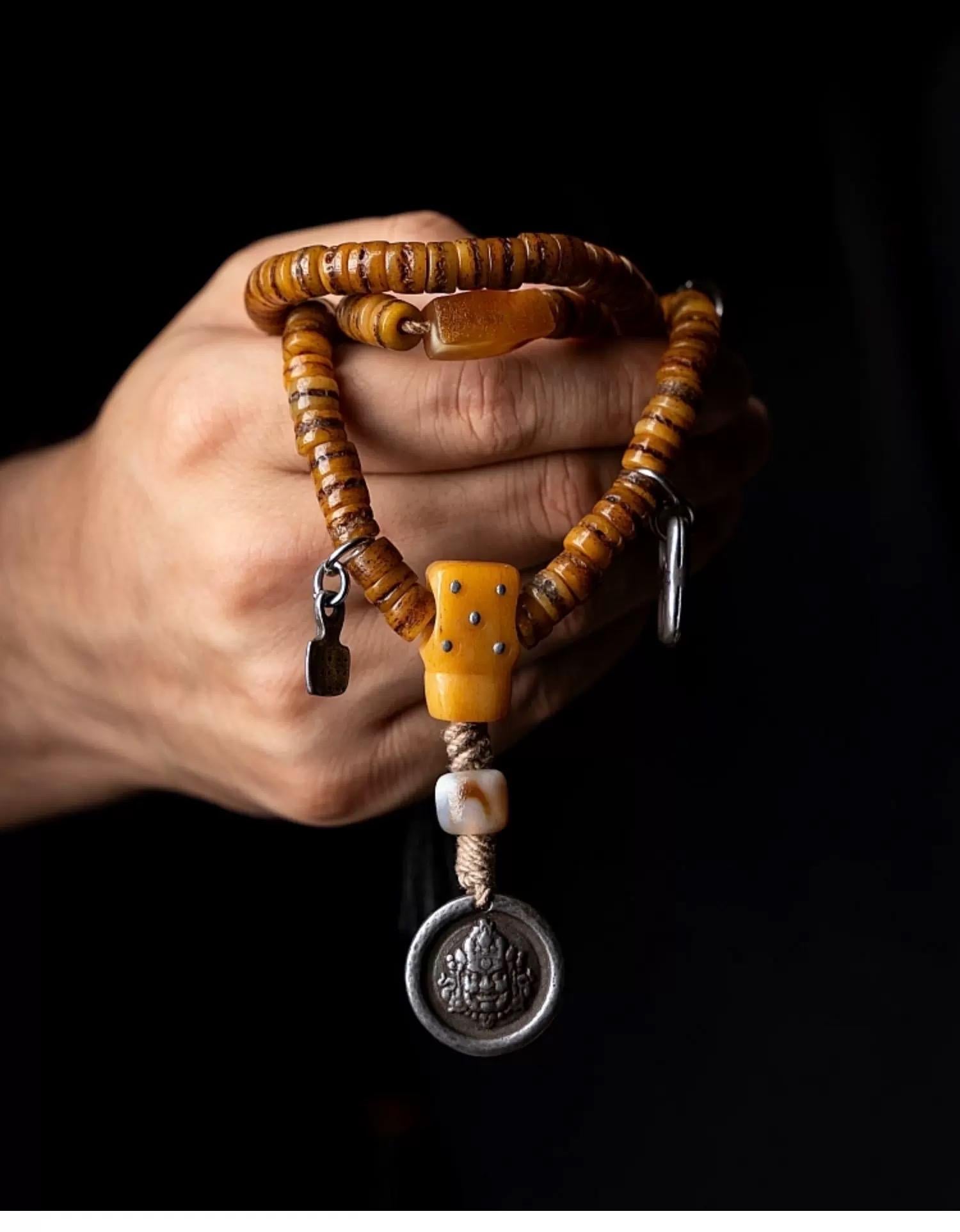 Original Tibetan Yak Bone Prayer Beads, Old Material 108 Mala Beads, Handmade Distressed Buddha Bracelet, Meditation Rosary, Ethnic Jewelry