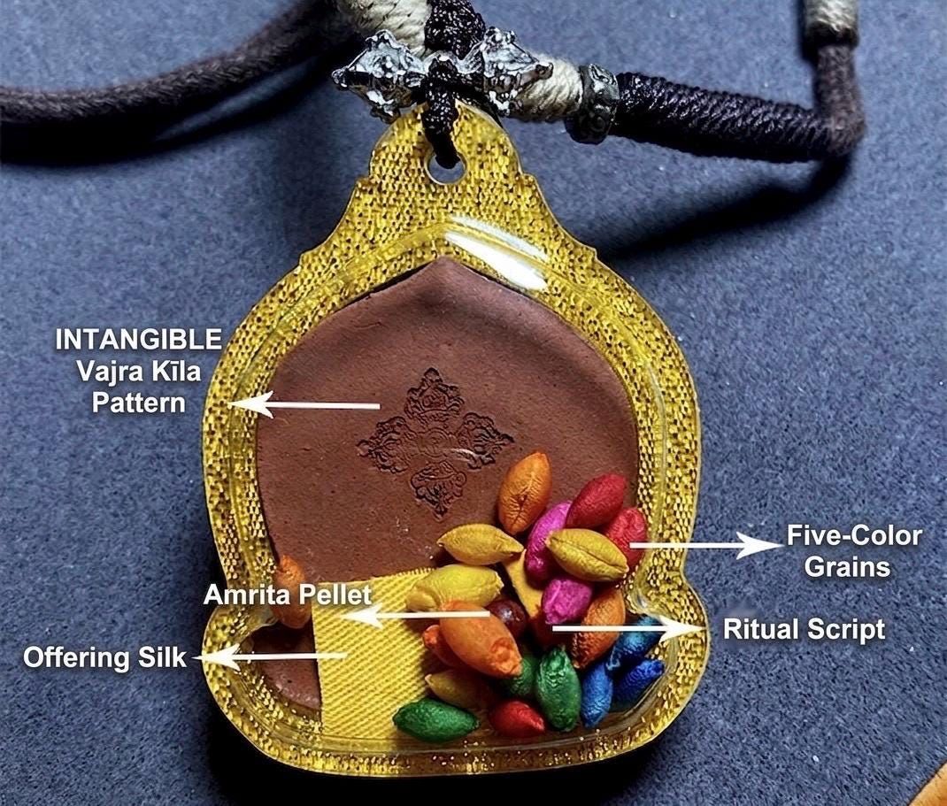 Tibetan Mahakala Tsa-Tsa Pendant, Hand-Painted 6-Arm Daheitian Buddhist Amulet, Gau Box Necklace with Amrita & Five-Color Grains, Zen Gift