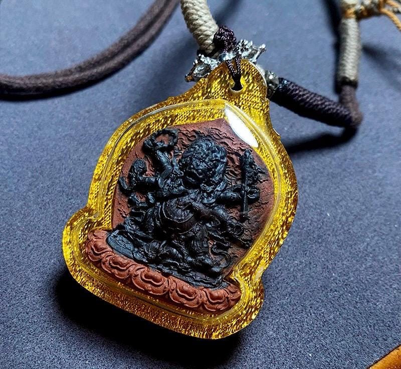 Tibetan Mahakala Tsa-Tsa Pendant, Hand-Painted 6-Arm Daheitian Buddhist Amulet, Gau Box Necklace with Amrita & Five-Color Grains, Zen Gift