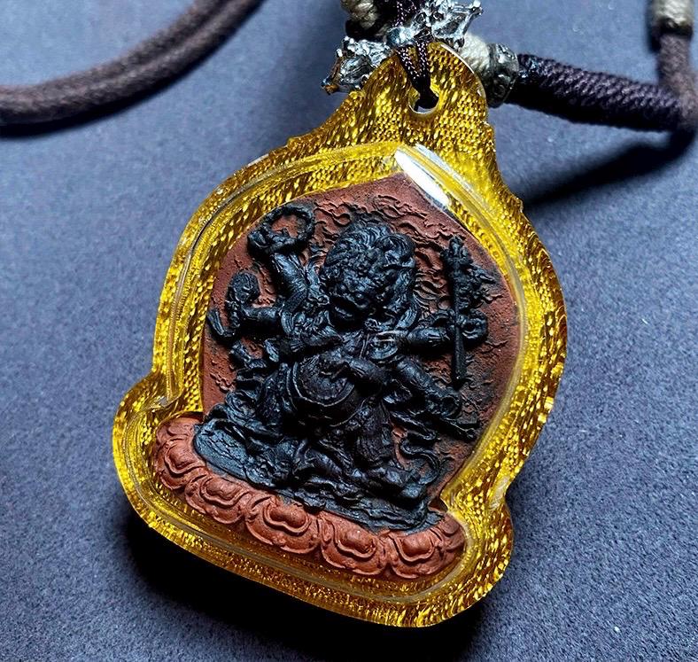 Tibetan Mahakala Tsa-Tsa Pendant, Hand-Painted 6-Arm Daheitian Buddhist Amulet, Gau Box Necklace with Amrita & Five-Color Grains, Zen Gift