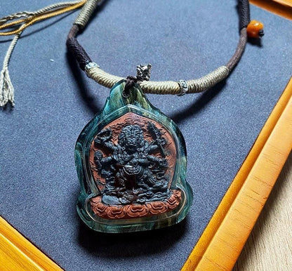 Tibetan Mahakala Tsa-Tsa Pendant, Hand-Painted 6-Arm Daheitian Buddhist Amulet, Gau Box Necklace with Amrita & Five-Color Grains, Zen Gift