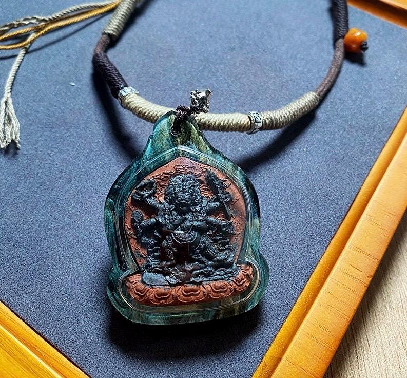Tibetan Mahakala Tsa-Tsa Pendant, Hand-Painted 6-Arm Daheitian Buddhist Amulet, Gau Box Necklace with Amrita & Five-Color Grains, Zen Gift