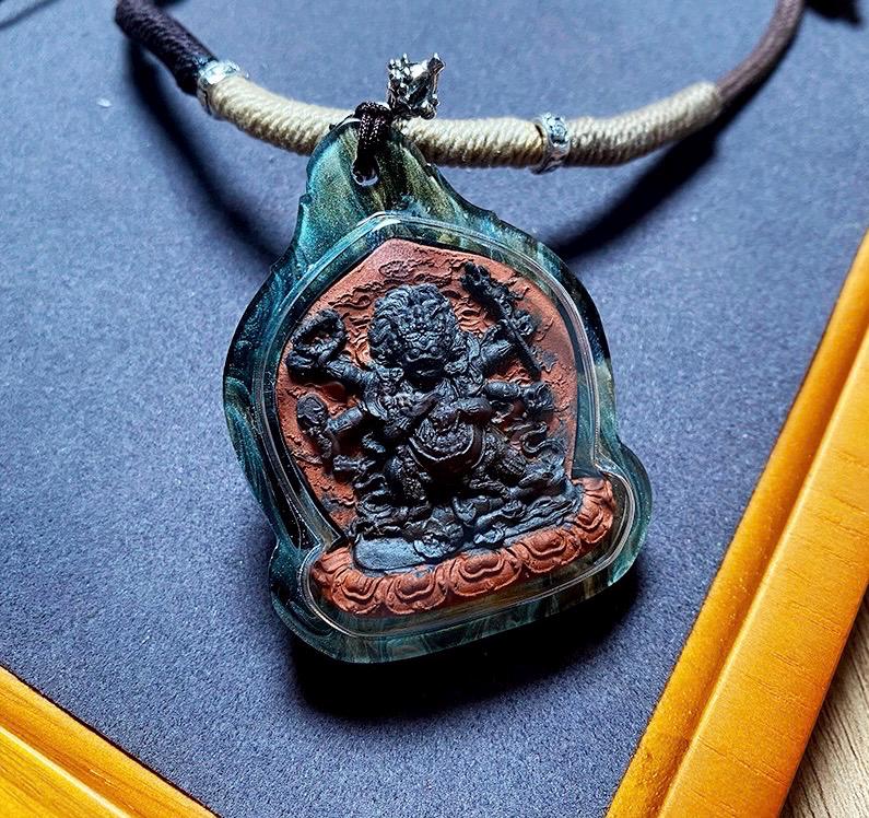 Tibetan Mahakala Tsa-Tsa Pendant, Hand-Painted 6-Arm Daheitian Buddhist Amulet, Gau Box Necklace with Amrita & Five-Color Grains, Zen Gift