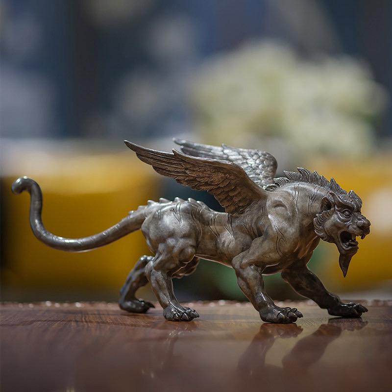 Vintage Bronze Winged Tiger Statue, Bi'an Mythical Beast Figurine, Feng Shui Tiger with WingsSculpture, Home Office Decor, Wealth Power Gift