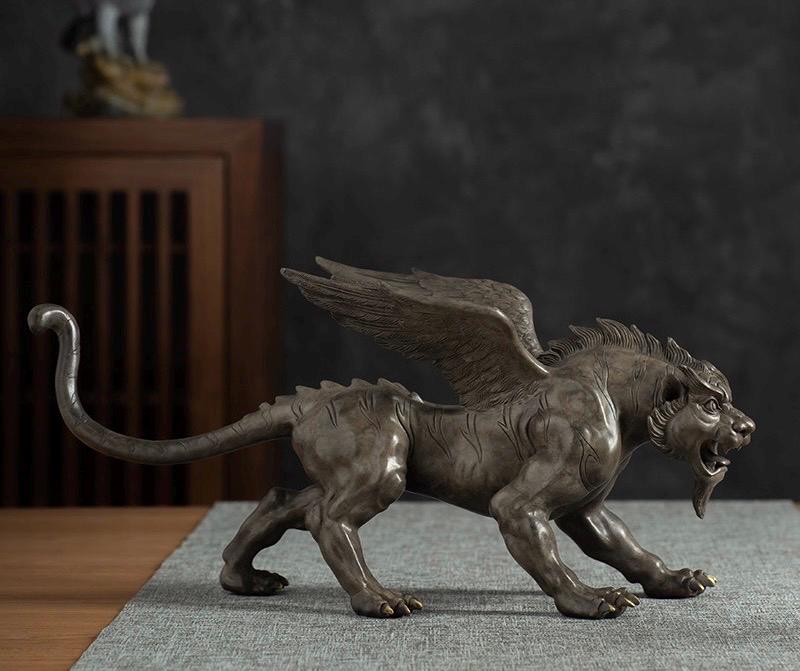 Vintage Bronze Winged Tiger Statue, Bi'an Mythical Beast Figurine, Feng Shui Tiger with WingsSculpture, Home Office Decor, Wealth Power Gift