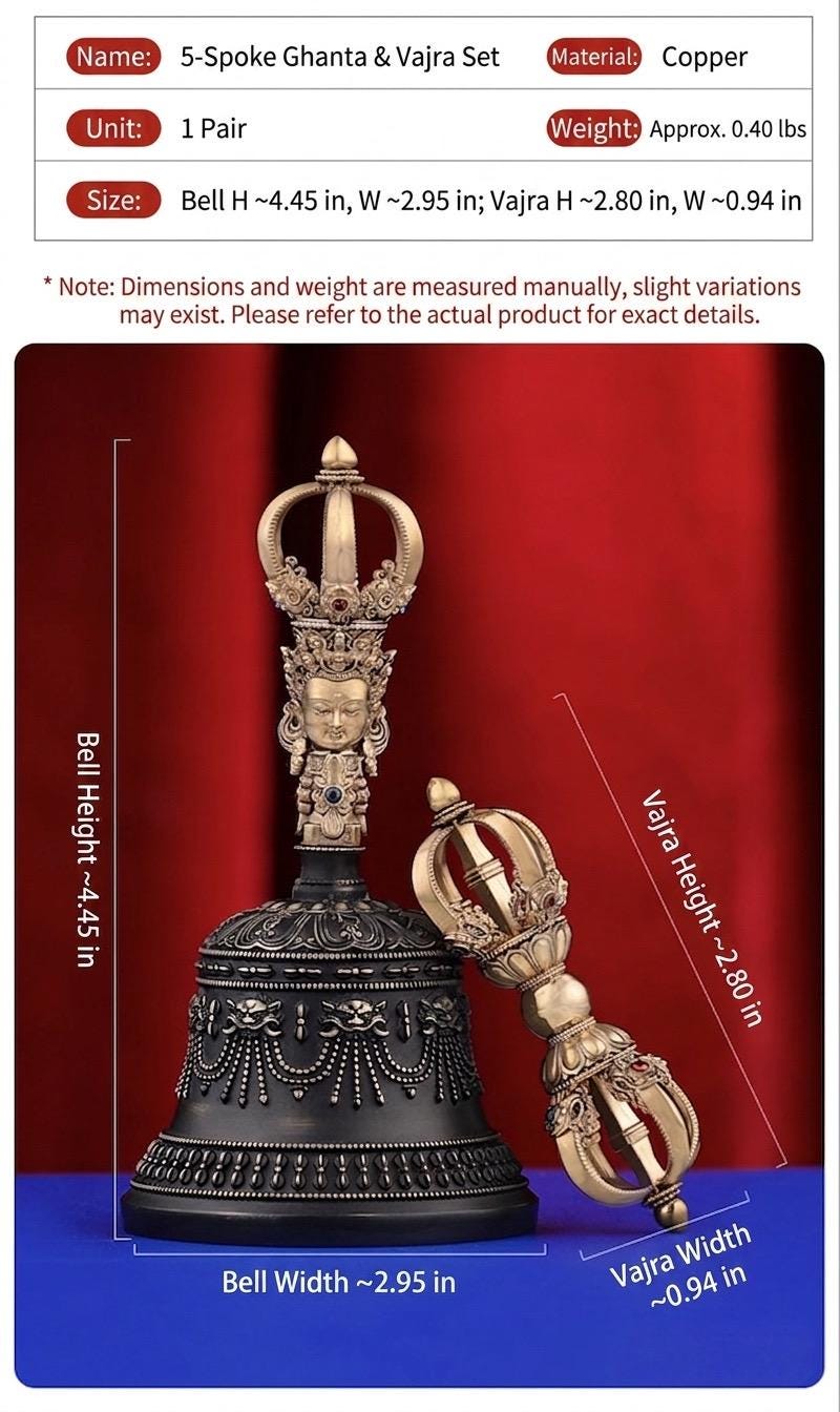 Portable Five Nine Spoke Vajra Bell Set, Hand-Cast Brass Ghanta & Dorje for Meditation, Tibetan Buddhist Ritual Set, Altarpiece Gift