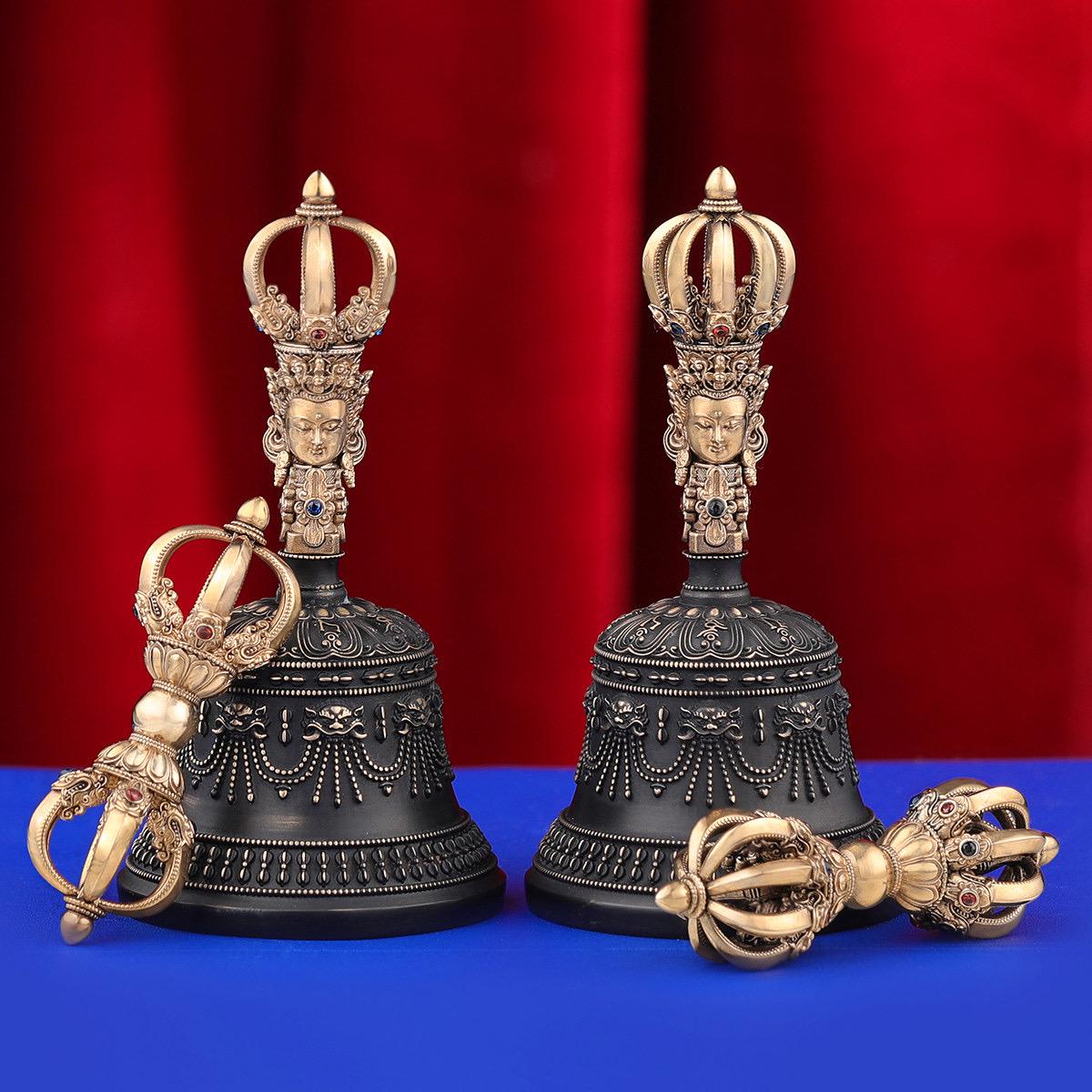 Portable Five Nine Spoke Vajra Bell Set, Hand-Cast Brass Ghanta & Dorje for Meditation, Tibetan Buddhist Ritual Set, Altarpiece Gift
