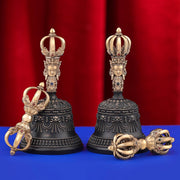 Portable Five Nine Spoke Vajra Bell Set, Hand-Cast Brass Ghanta & Dorje for Meditation, Tibetan Buddhist Ritual Set, Altarpiece Gift