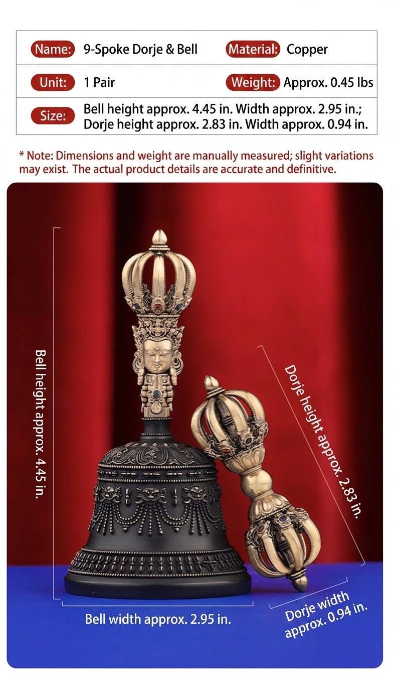 Portable Five Nine Spoke Vajra Bell Set, Hand-Cast Brass Ghanta & Dorje for Meditation, Tibetan Buddhist Ritual Set, Altarpiece Gift