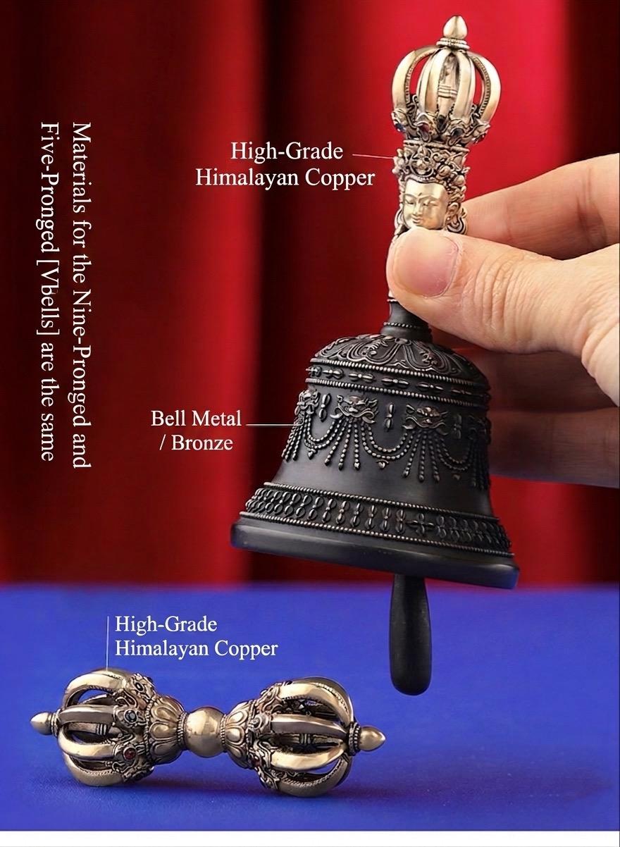 Portable Five Nine Spoke Vajra Bell Set, Hand-Cast Brass Ghanta & Dorje for Meditation, Tibetan Buddhist Ritual Set, Altarpiece Gift