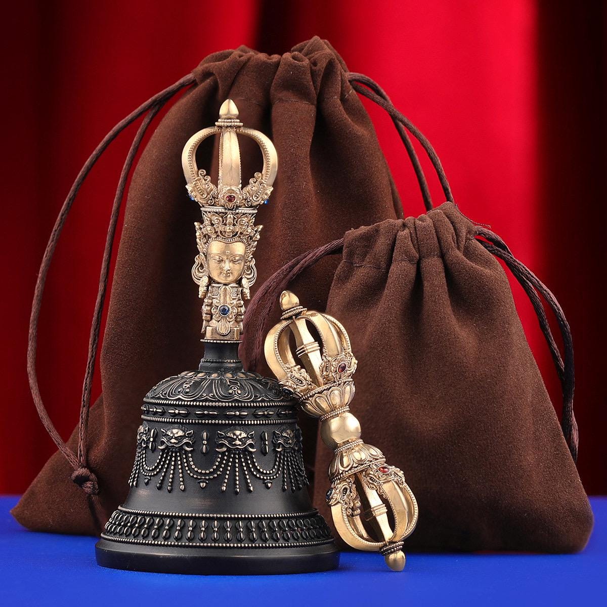 Portable Five Nine Spoke Vajra Bell Set, Hand-Cast Brass Ghanta & Dorje for Meditation, Tibetan Buddhist Ritual Set, Altarpiece Gift