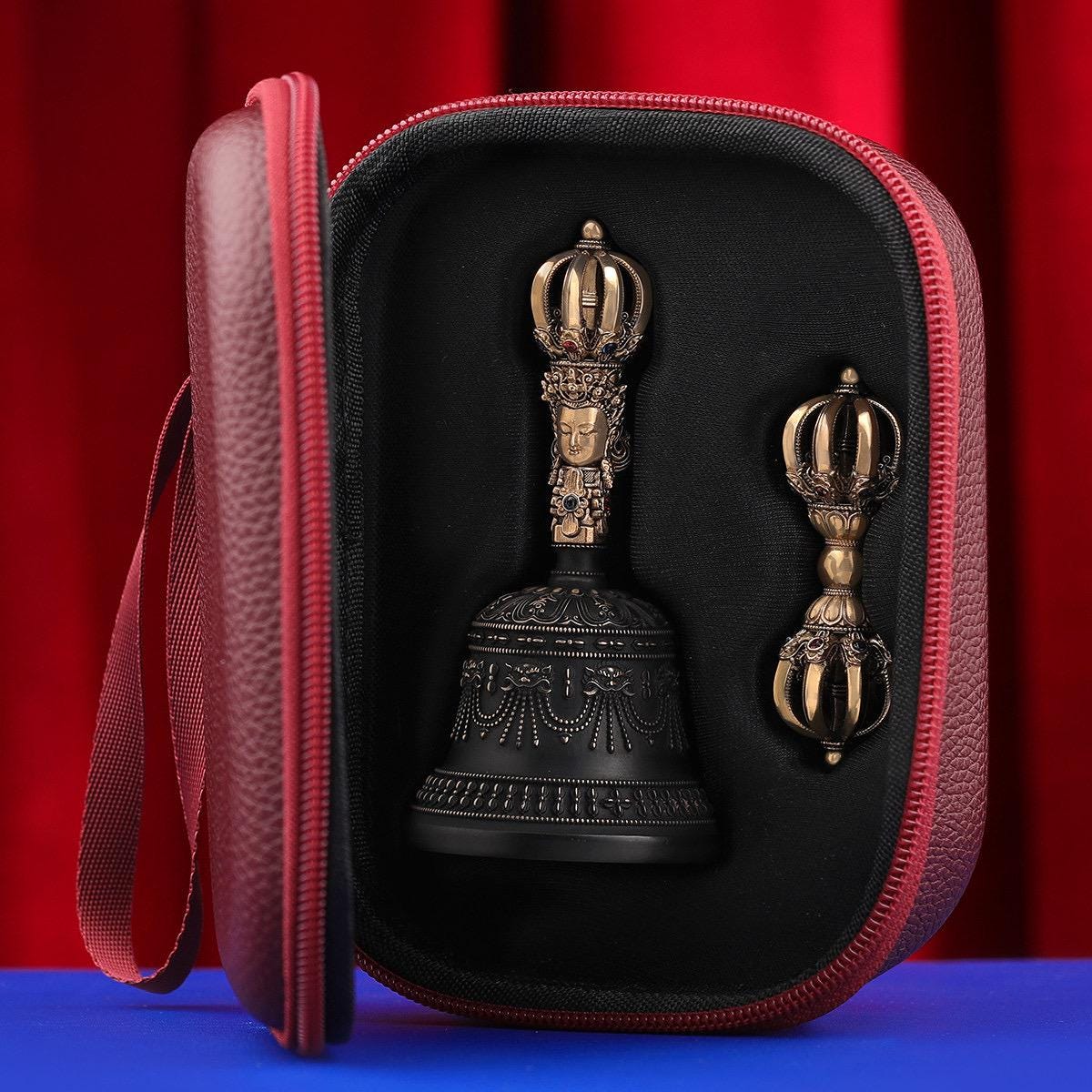 Portable Five Nine Spoke Vajra Bell Set, Hand-Cast Brass Ghanta & Dorje for Meditation, Tibetan Buddhist Ritual Set, Altarpiece Gift