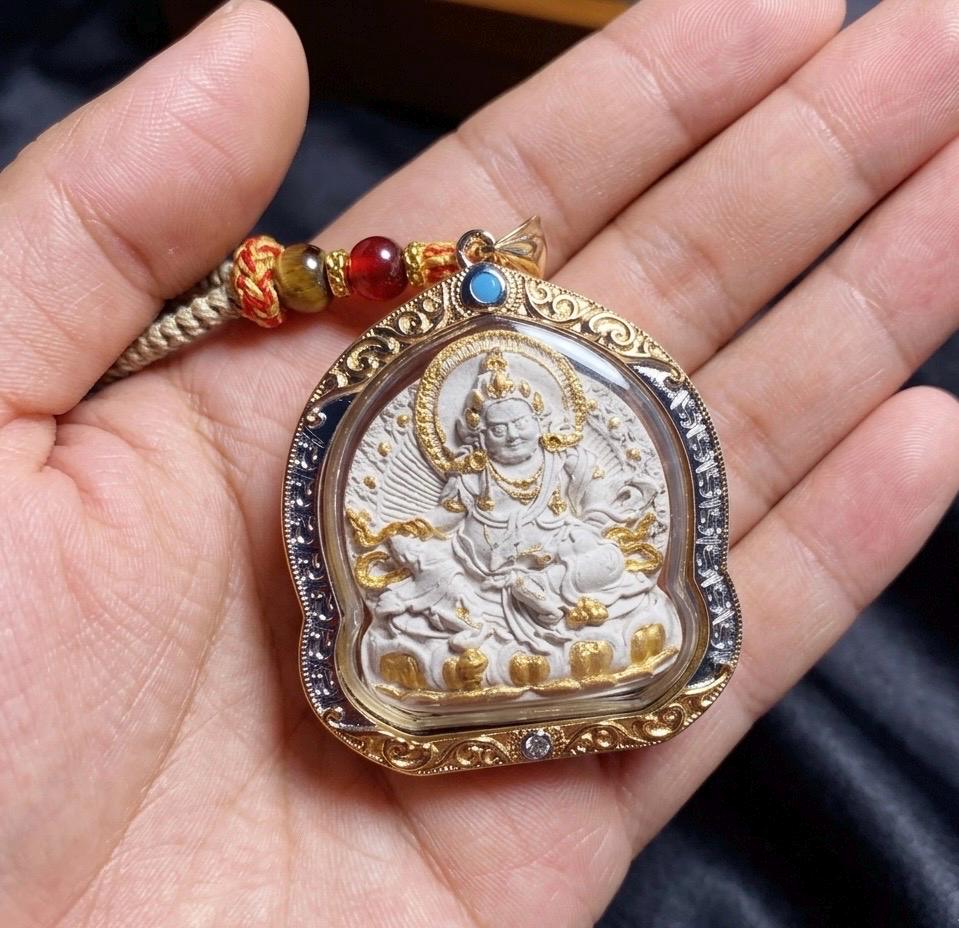 Handpainted Yellow Jambhala Medicine Budda Thangka Necklace, Tsatsa Gau Box Pendant with Incense Ash, Tibetan Buddhist Jewelry, Gift for Him