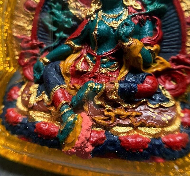 Hand-painted Green Tara Thangka Necklace, Natural Mineral Pigments Medicinal Clay Tsa Tsa Pendant, Tibetan Buddhist Amulet Jewelry