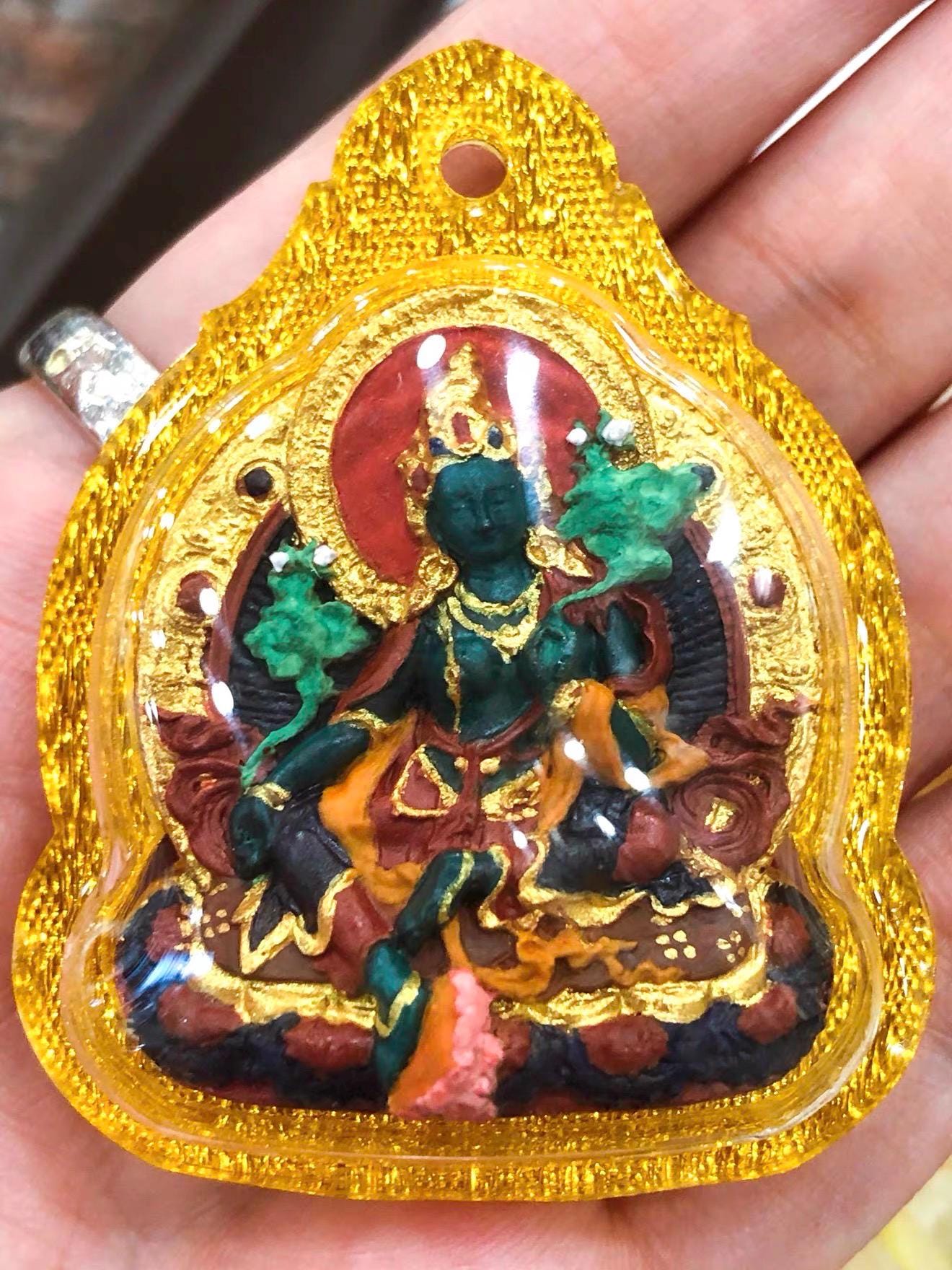 Hand-painted Green Tara Thangka Necklace, Natural Mineral Pigments Medicinal Clay Tsa Tsa Pendant, Tibetan Buddhist Amulet Jewelry