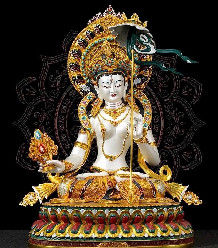 Sitatapatra Statue: Large White Umbrella Goddess Copper Buddha, Exquisite Hand-Painted Finish, Buddhist Ritual Home Altar Decor, Protective