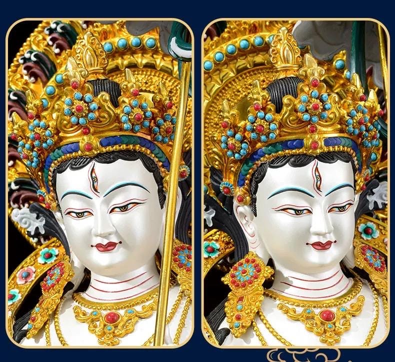Sitatapatra Statue: Large White Umbrella Goddess Copper Buddha, Exquisite Hand-Painted Finish, Buddhist Ritual Home Altar Decor, Protective
