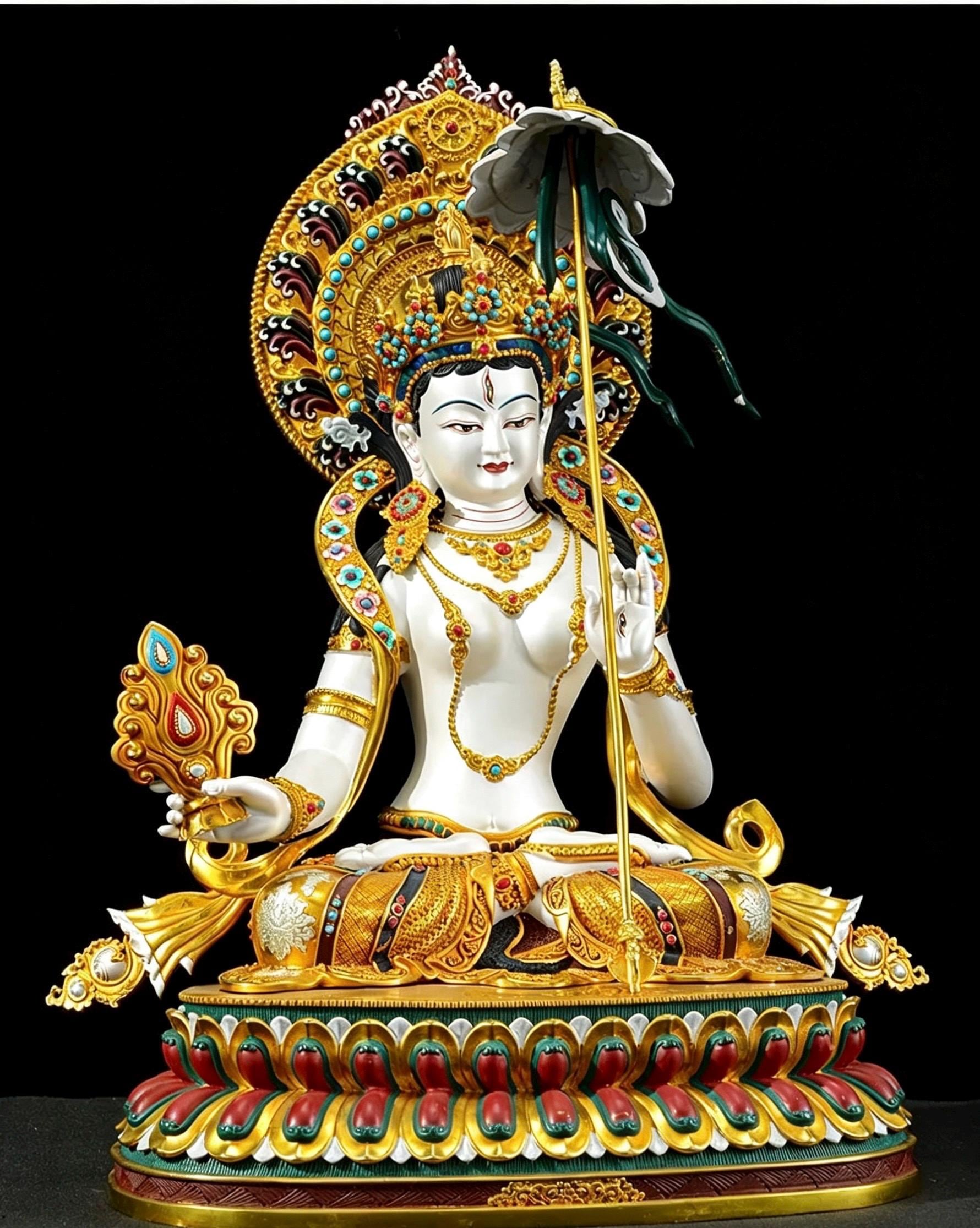 Sitatapatra Statue: Large White Umbrella Goddess Copper Buddha, Exquisite Hand-Painted Finish, Buddhist Ritual Home Altar Decor, Protective