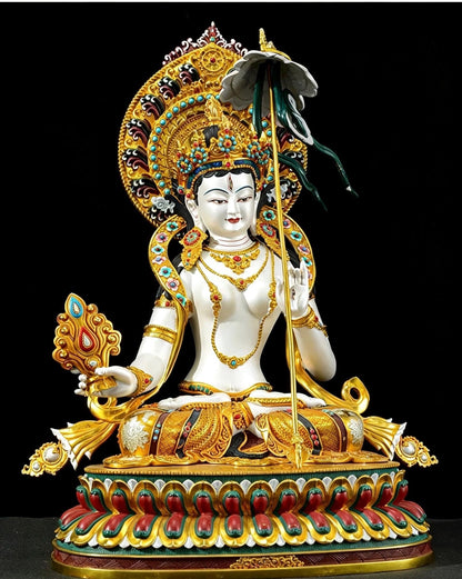 Sitatapatra Statue: Large White Umbrella Goddess Copper Buddha, Exquisite Hand-Painted Finish, Buddhist Ritual Home Altar Decor, Protective