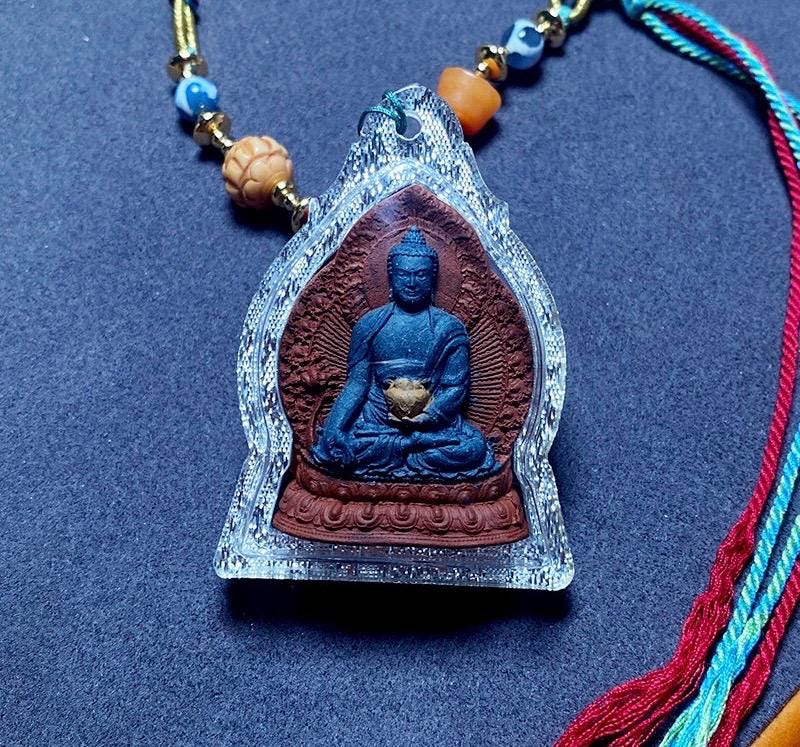 Medicine Buddha Pendant, Tibetan Gau Box Necklace with Tsa Tsa Mini Thangka, Buddhist Protection Amulet, Spiritual Zen Jewelry, Zang Shuo