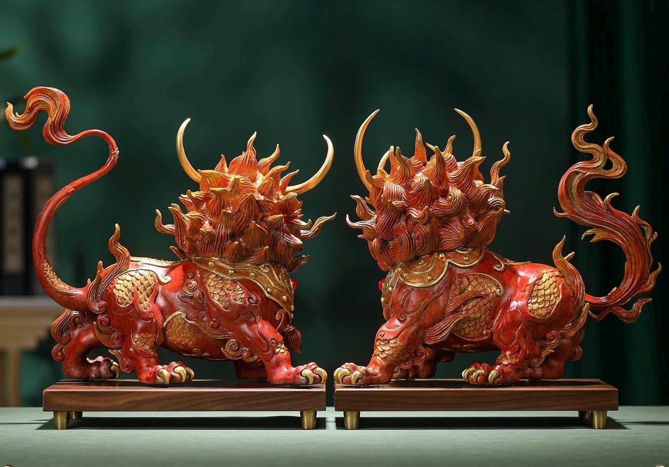 Handcrafted Brass Qilin Statues Pair - Mythical Kirin Sculpture for Home Office Decor, Housewarming & Grand Opening Gift, Feng Shui Art