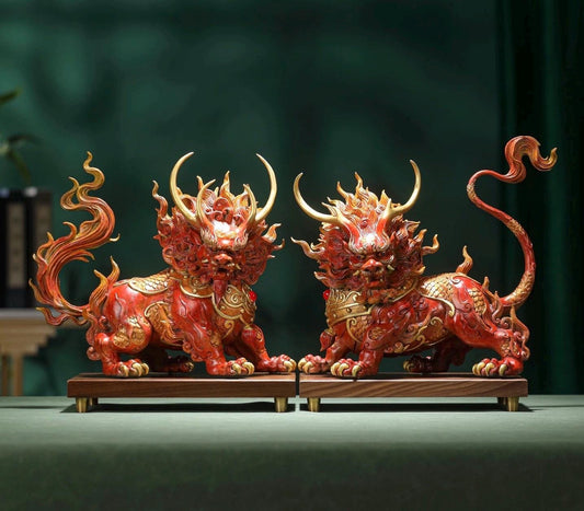 Handcrafted Brass Qilin Statues Pair - Mythical Kirin Sculpture for Home Office Decor, Housewarming & Grand Opening Gift, Feng Shui Art